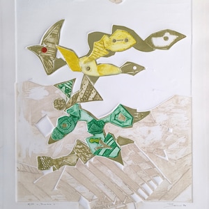 May include: Abstract art print with a green, yellow, and brown color scheme. The print features geometric shapes and patterns. The print is signed "Sami 84" and numbered "11/20 - Sueno - ".