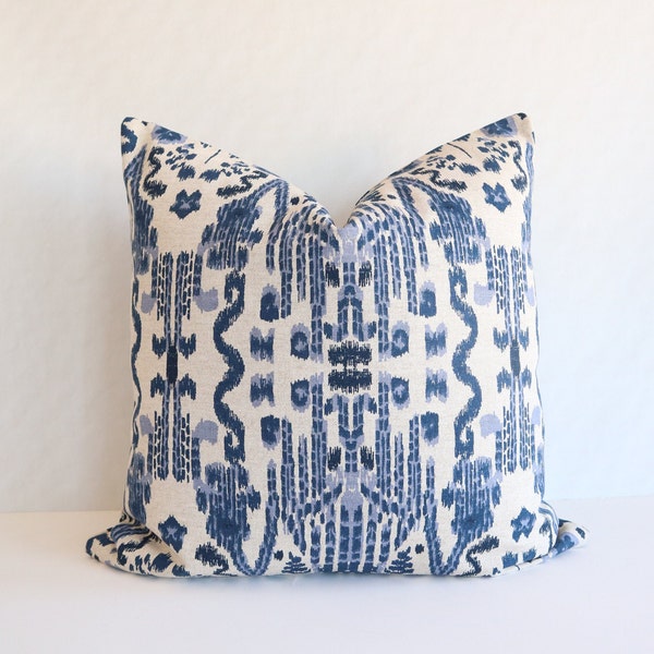 Mumbai Beige Blue Pillow Covers- Oatmeal Pillow Cover - Indigo Pillow - Indigo Blue- Indian Blue Pillow, Ikat Blue Pillow, 18x18,20x20