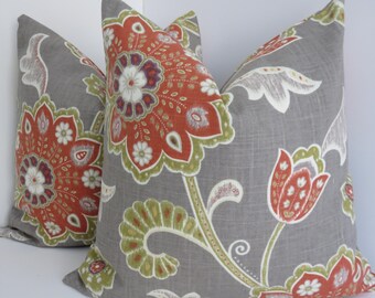 Braemore Fabrics- Gray Green  Pillow Covers- Accent Pillows - Gray Red Orange Accent Pillows- Ankara Grey Green Pillows-Jacobean fabrics