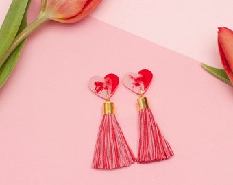 Burlesque Pink and Red Valentine's Heart Tassel Earrings