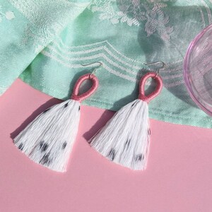 Pink Tassel Earrings, Handmade 'Pink Dalmatian' Pink Fringe Earrings, Cotton Macrame Tassel Earrings, Pink Statement Earrings image 4