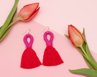 Pink and Red Tassel Earrings, Hot Pink Statement Earrings, Unique Pink and Red Macrame Earrings