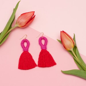 Pink and Red Tassel Earrings, Hot Pink Statement Earrings, Unique Pink and Red Macrame Earrings