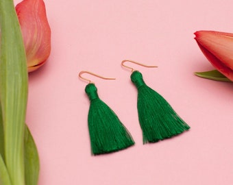 Emerald Green Cotton Tassel Earrings