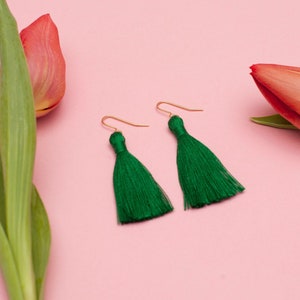 Emerald Green Cotton Tassel Earrings image 1