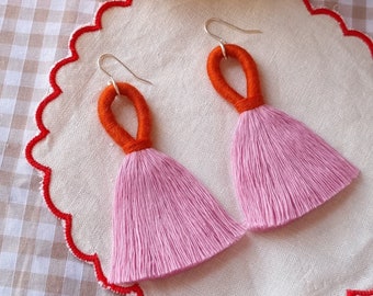 Orange and Pink Statement Tassel Earrings - Pink and Orange Macrame Fringe Earrings