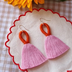 Orange and Pink Statement Tassel Earrings - Pink and Orange Macrame Fringe Earrings