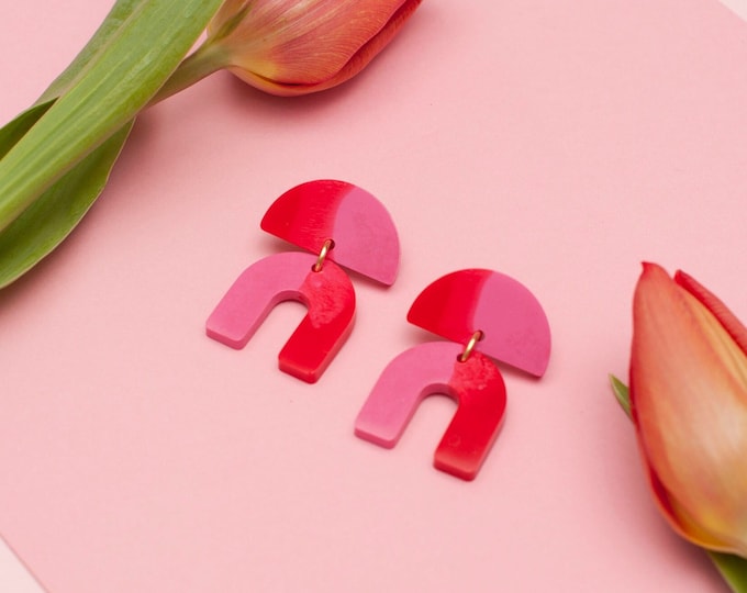 Hot Pink and Red Earrings, Eco Resin Sustainable Earrings, Lightweight Pink Statement Earrings