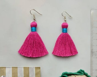 Hot Pink Tassel Earrings - Bright Pink Earrings - Pink Dangle Earrings - Cotton Hot Pink Tassle Earrings- Mini Earrings- Long Tassel Earring