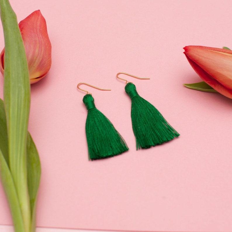 Emerald Green Cotton Tassel Earrings image 1