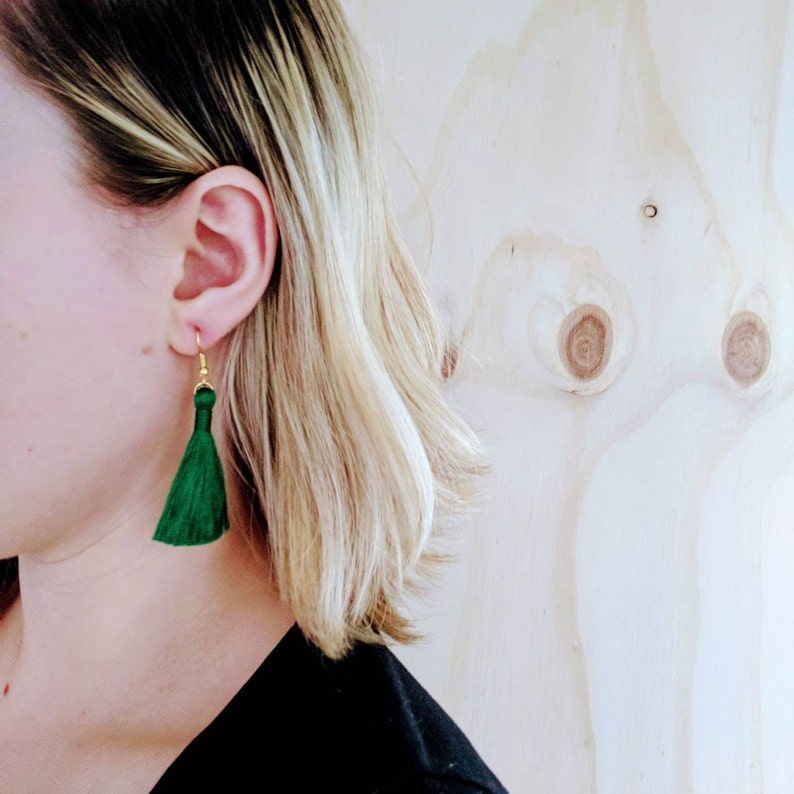 Emerald Green Cotton Tassel Earrings image 5