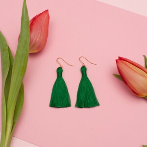 Emerald Green Cotton Tassel Earrings image 2