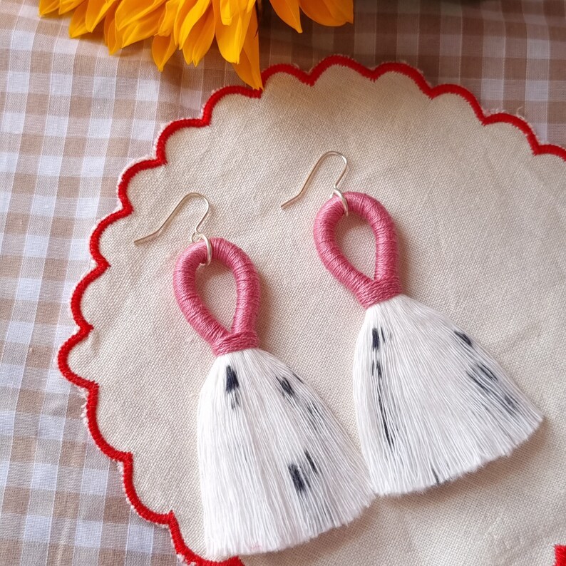 Pink Tassel Earrings, Handmade 'Pink Dalmatian' Pink Fringe Earrings, Cotton Macrame Tassel Earrings, Pink Statement Earrings image 2