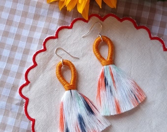 Orange and White Tassel Earrings - Lightweight Cotton Statement Earrings