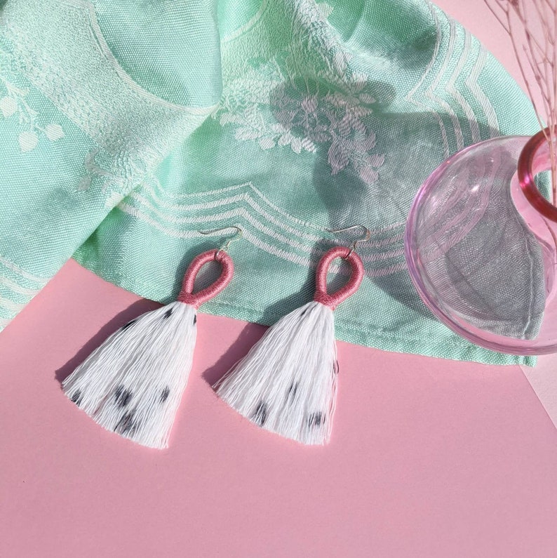 Pink Tassel Earrings, Handmade 'Pink Dalmatian' Pink Fringe Earrings, Cotton Macrame Tassel Earrings, Pink Statement Earrings image 4