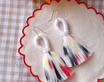 White Tassel Earrings, Multicoloured Vegan Macrame Earrings, White and Red Fringe Earrings, Unique Statement Earrings