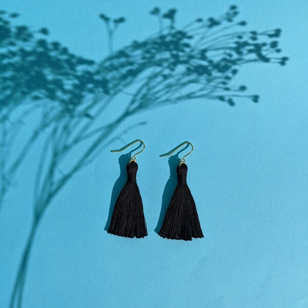 Black Tassel Earrings, Elegant Black Dangle Earrings, Black Fringe Earrings,Handmade Black Cotton Earrings