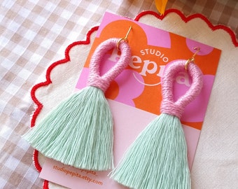 Macaron Pastel Pink and Green Tassel Earrings - Lightweight Cotton Statement Earrings