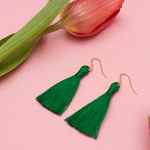 Emerald Green Cotton Tassel Earrings image 4