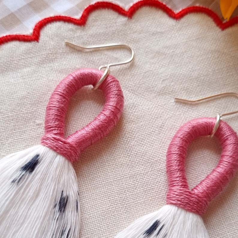 Pink Tassel Earrings, Handmade 'Pink Dalmatian' Pink Fringe Earrings, Cotton Macrame Tassel Earrings, Pink Statement Earrings image 3