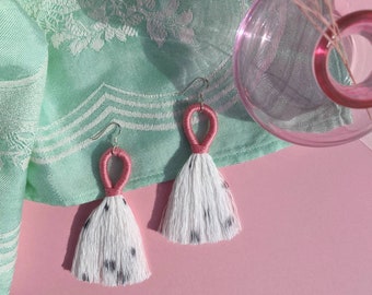 Pink Tassel Earrings, Handmade 'Pink Dalmatian' Pink Fringe Earrings, Cotton Macrame Tassel Earrings, Pink Statement Earrings