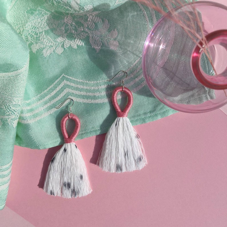 Pink Tassel Earrings, Handmade 'Pink Dalmatian' Pink Fringe Earrings, Cotton Macrame Tassel Earrings, Pink Statement Earrings image 1