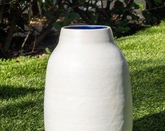 Handmade Large White & Blue Centerpiece Vase, Handmade Vase, White Home Decor Vase