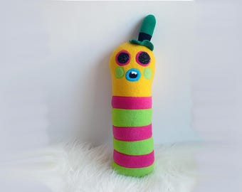 Mr. Dinkles plush toy, soft toy, mr. dinkles felt toy, fleece toy, troll, trolls, caterpillar, nursery toy
