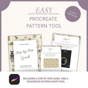 Könnte beinhalten: Ein digitales Procreate-Mustertool-Set mit einer Schritt-für-Schritt-Anleitung und einem Form-Tool. Der Text lautet Easy Procreate Pattern Tool, Instant Download, Step by Step Guide, Step 4 und Step 7, inklusive Procreate-App-Symbol.