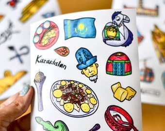 Pegatinas de Kazajstán / Pegatinas de vinilo / Regalo de viaje / Pegatinas de cuaderno Midori / Pegatinas de portátil / Pegatinas de diario de viaje / Pegatinas de Asia