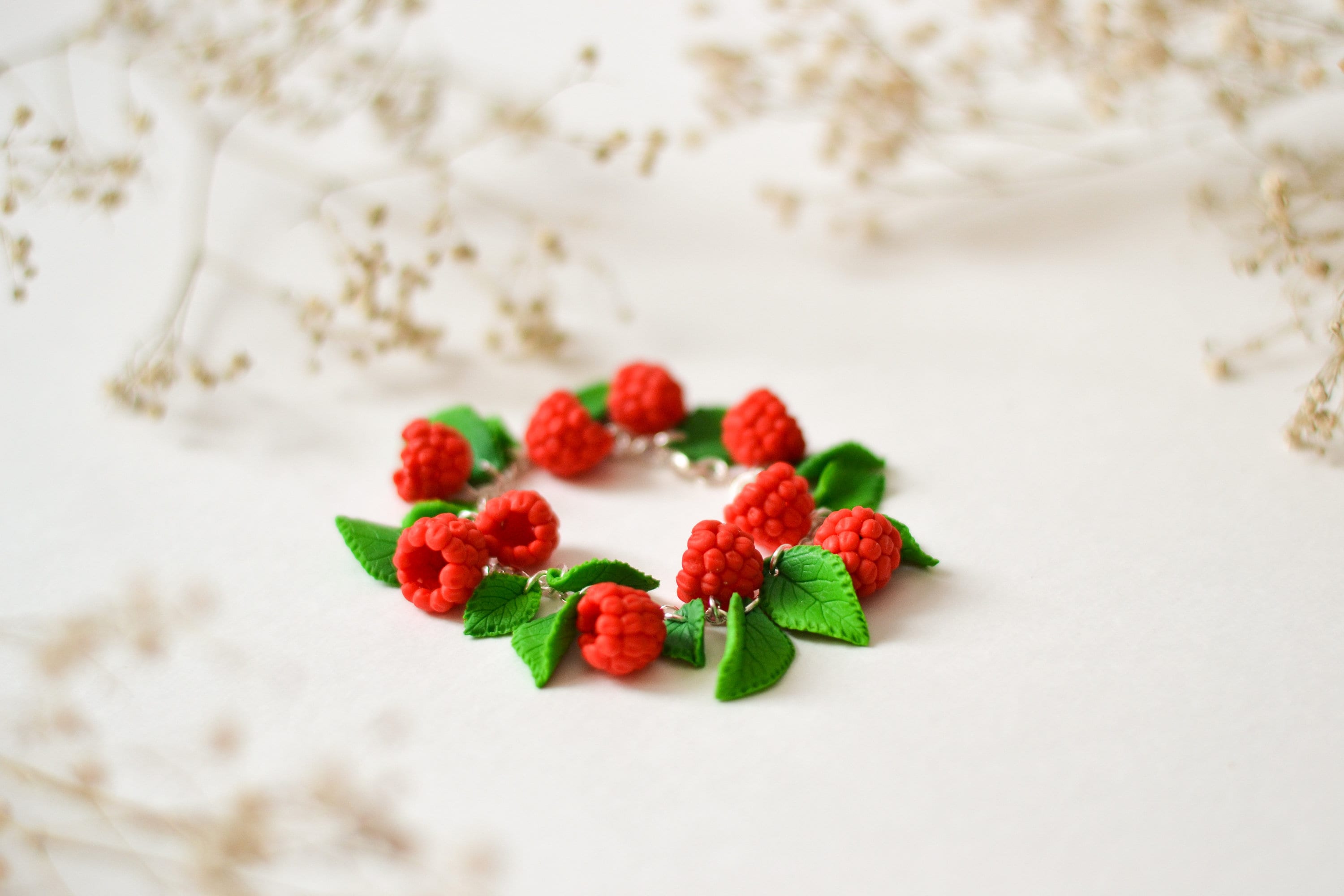 Raspberry Bracelet, Berries Jewelry Summer, Clay Berry Jewelry, Red