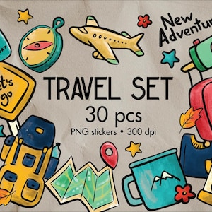 Travel Stickers PNG | Travel Clipart | Travel Ilustrations | Cute Travel Journal | PNG Digital Planner Stickers, Journals, and Scrapbooks