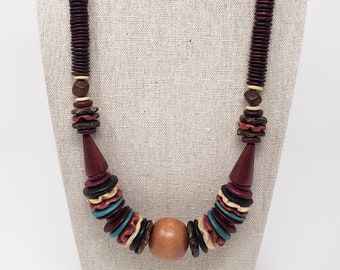 Vintage Wooden Beaded Necklace, Boho Necklace, Statement Necklace