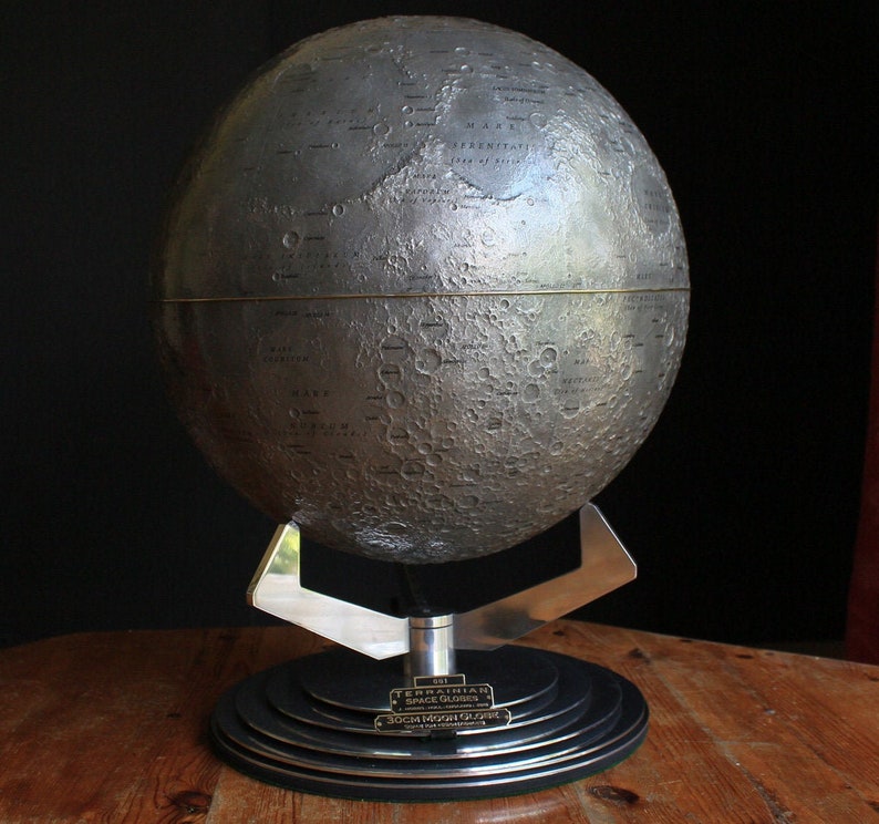 Moon globe 30cm on Aluminium Base Incl Brass Makers ID Plate image 1