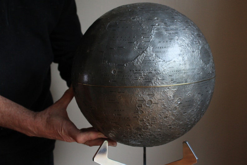 Moon globe 30cm on Aluminium Base Incl Brass Makers ID Plate image 3