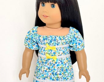 Blue, Yellow and White Floral Dress, AG Doll Clothing, 18 Inch Doll Clothing, Made To Fit American Girl Doll