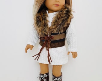 18 Inch Doll, AG Doll White Sweater Dress and BrownFaux Suede and Fur Vest, AG Doll Clothing, 18 Inch Doll Clothing, Made To Fit AG Dolls