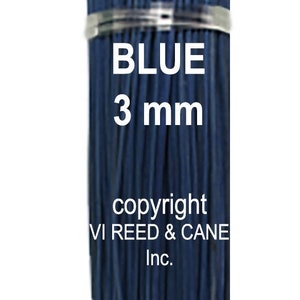 May include: A bundle of blue reed diffusers, 3 mm in diameter. The reeds are bundled together and tied with a silver wire. The label reads "BLUE 3 mm copyright VI REED & CANE Inc."