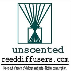 May include: A black and white logo for a company that sells unscented reed diffusers. The logo features a stylized image of a reed diffuser with reeds emanating from a square base. The text "unscented reeddiffusers.com" is below the image. The text "Keep out of reach of children and pets - Not for consumption" is below the website address.
