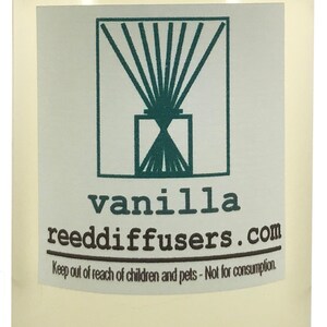 May include: A clear glass bottle with a white cap filled with a light yellow liquid. The label reads "vanilla reeddiffusers.com" and "Keep out of reach of children and pets - Not for consumption."