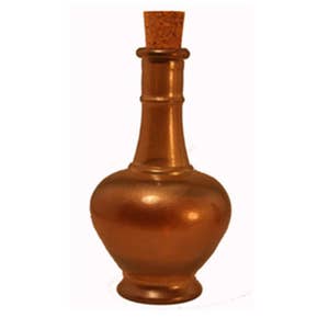 May include: A copper-colored glass bottle with a cork stopper. The bottle has a wide base and a narrow neck.