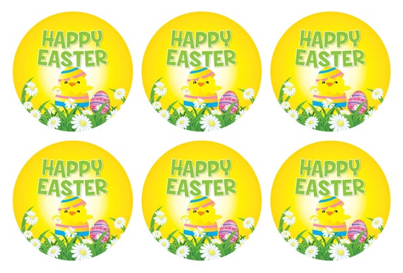 Easter stickers with yellow and white striped paper bags Chicks and Bunny Design stickers are 30mm pack of 24