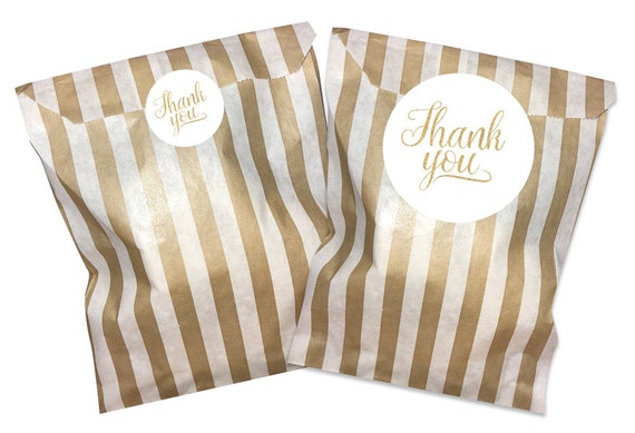 Black /& gold thank you stickers 2 sizes x 24 WITH black striped paper bags