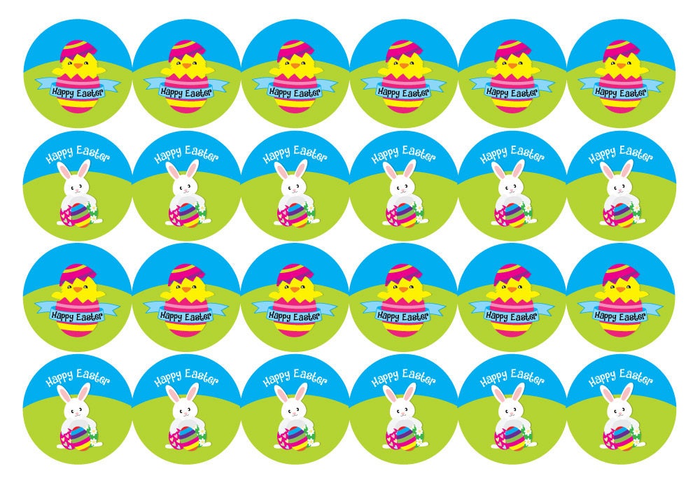 Easter stickers with yellow and white striped paper bags Chicks and Bunny Design stickers are 30mm pack of 24
