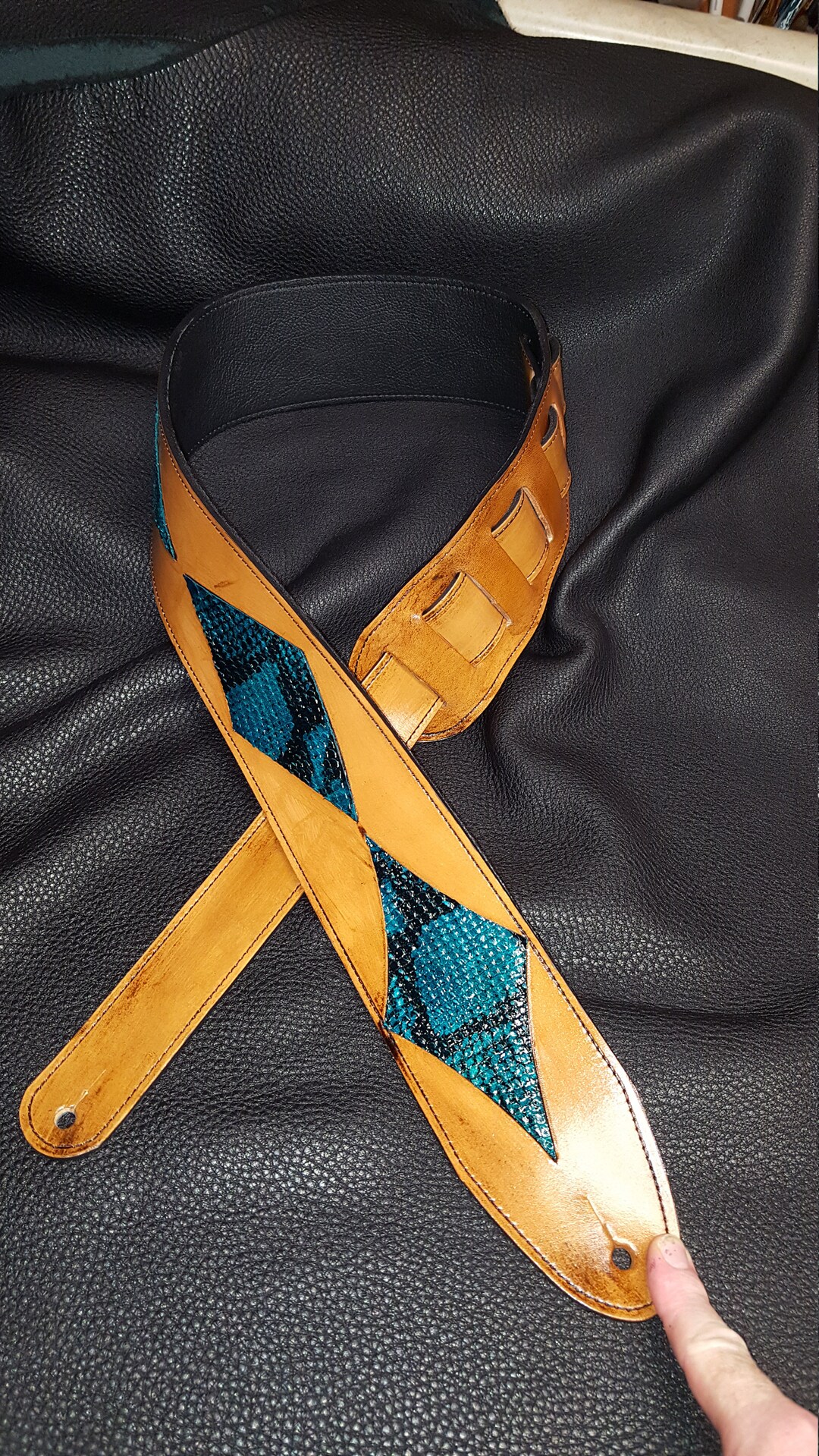 Leather Guitar Strap Snake Skin patches Hand Made Hand Tooled and Dyed