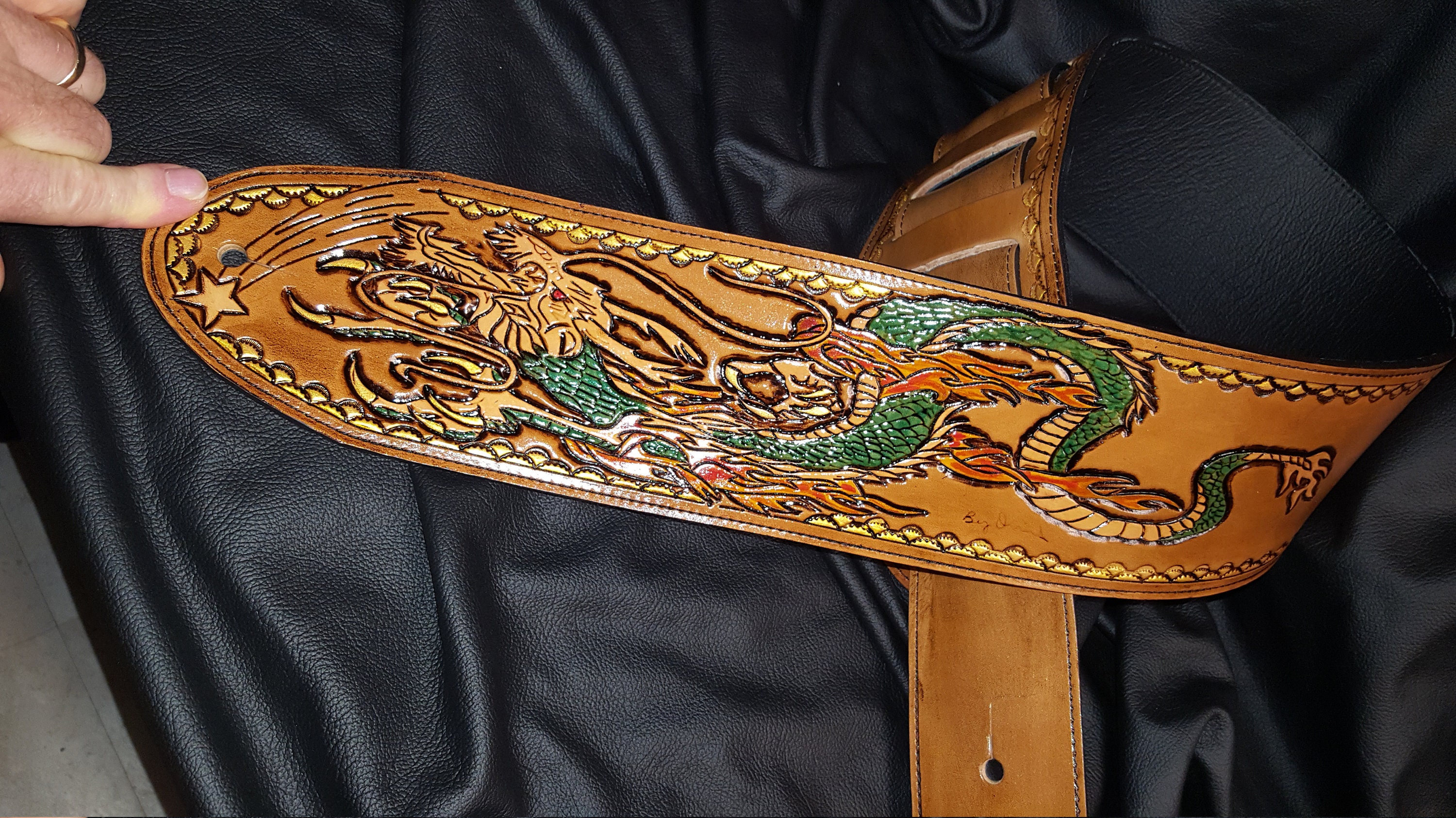 Leather Guitar Strap Dragon's Breath 4 BB Custom Strap With Gold High
