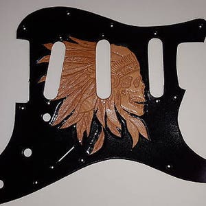 leather pick guard  "Indian head skull"on black stratocaster guitar pickguard music new leather handtooled handmade