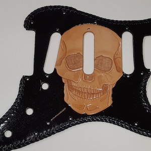 leather pick guard  " skull"on black stratocaster guitar pickguard leather handtooled handmade Black laced
