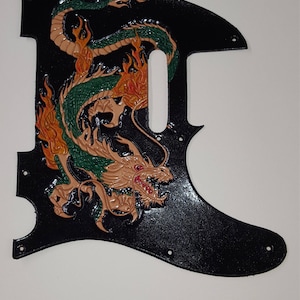 Leather pick guard telecaster guitar pickguard hand tooled leather tooling new &quot;Dragon&#39;s Breath&quot;