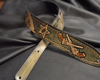 leather guitar Strap and stratocaster pickguard   " Outlaw series WANTED "  3"  SB custom strap   Made in USA